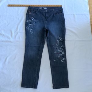 DC Jeans paint splatter dark blue, light fade in seat and front size 18
